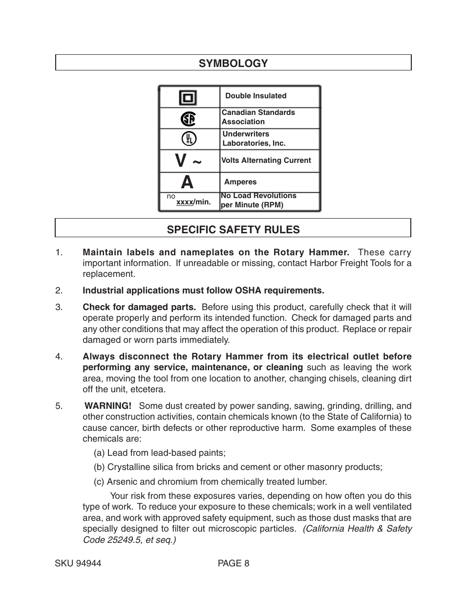 V ~ a | Harbor Freight Tools ROTARY HAMMER 94944 User Manual | Page 8 / 19