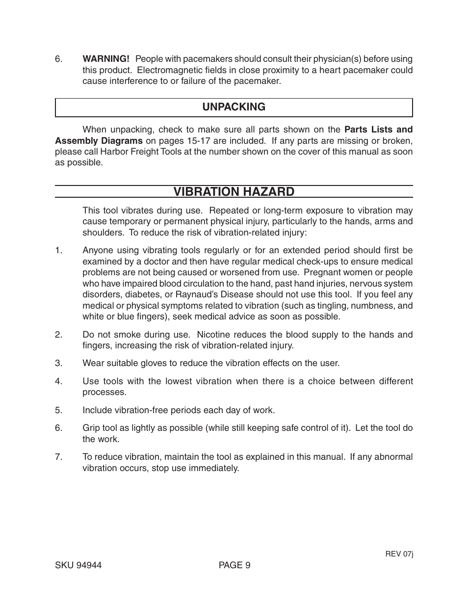 Vibration hazard | Harbor Freight Tools ROTARY HAMMER 94944 User Manual | Page 9 / 19