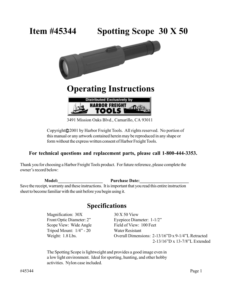 Harbor Freight Tools SPOTTING SCOPE 45344 User Manual | 2 pages