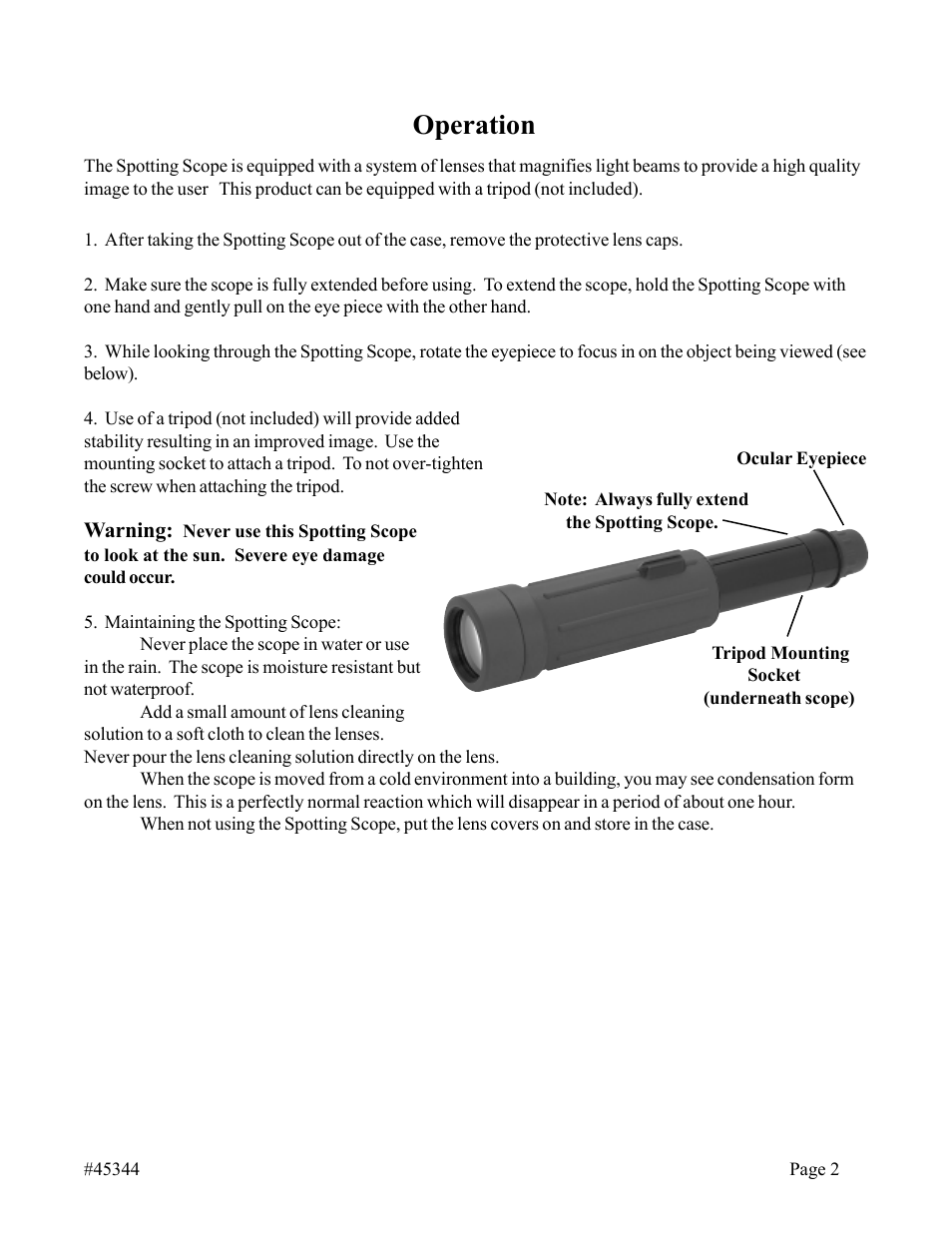 Operation | Harbor Freight Tools SPOTTING SCOPE 45344 User Manual | Page 2 / 2