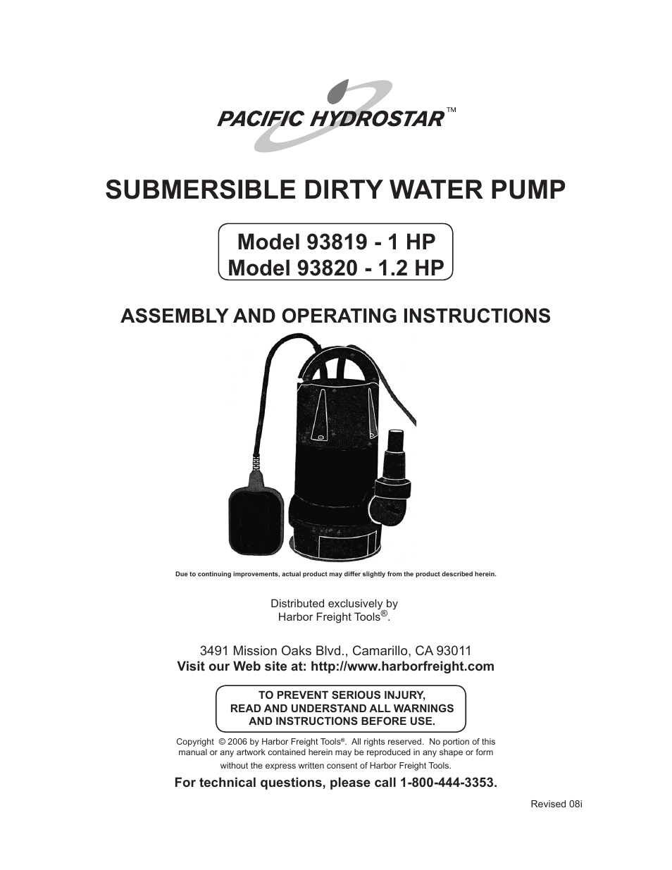 Harbor Freight Tools SUBMERSIBLE DIRTY WATER PUMP 93820 User Manual | 14 pages