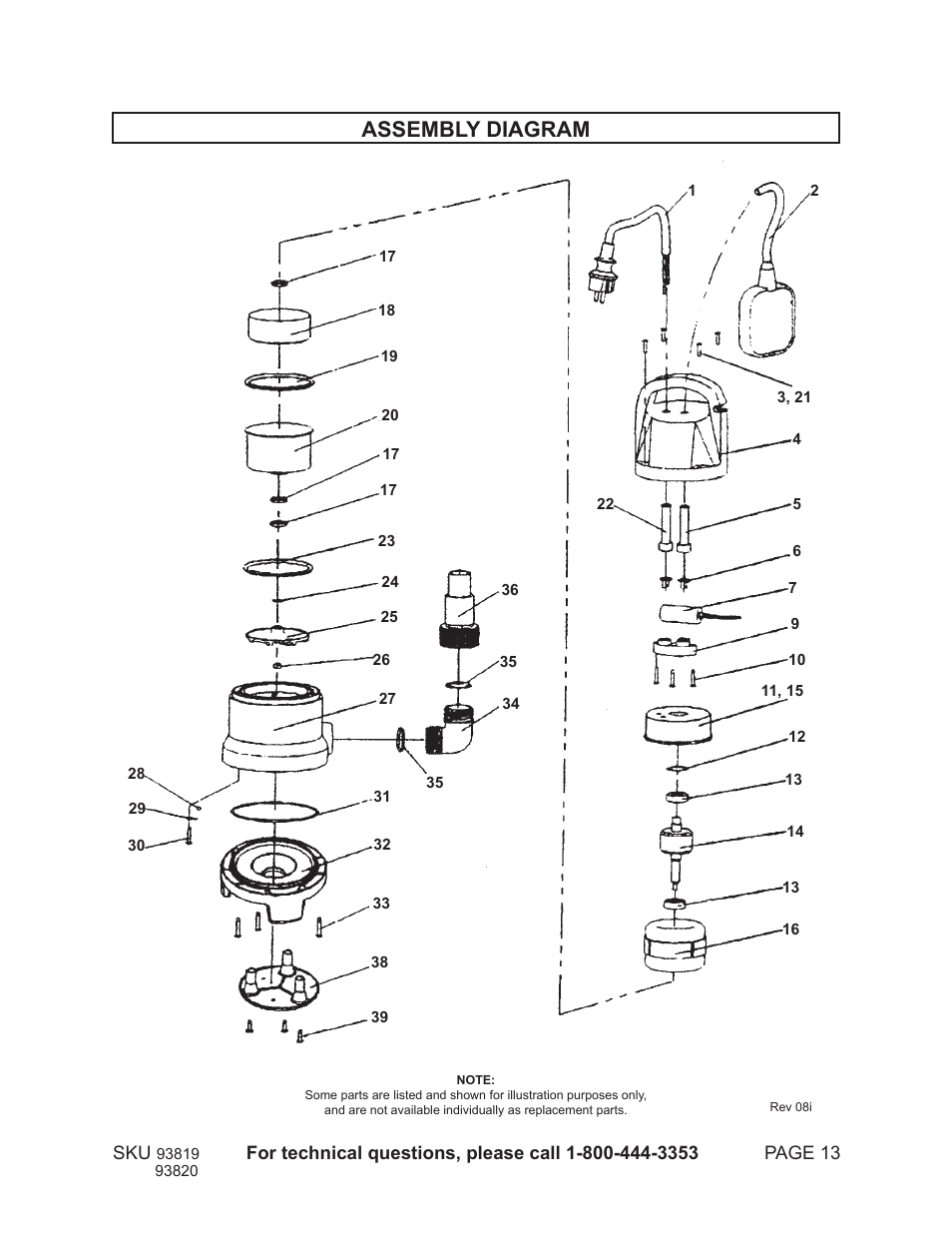 Assembly diagram | Harbor Freight Tools SUBMERSIBLE DIRTY WATER PUMP 93820 User Manual | Page 13 / 14