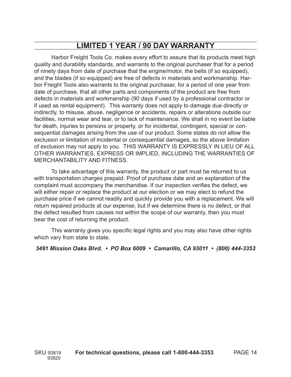 Limited 1 year / 90 day warranty | Harbor Freight Tools SUBMERSIBLE DIRTY WATER PUMP 93820 User Manual | Page 14 / 14