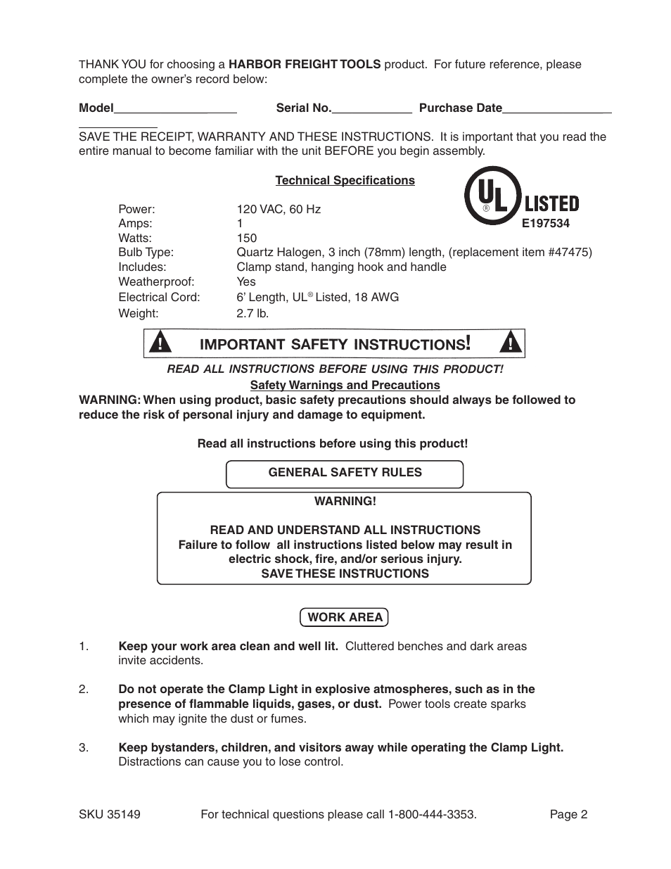 Harbor Freight Tools 35149 User Manual | Page 2 / 11