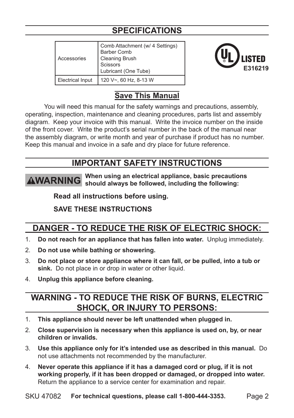 Specifications, Important safety instructions, Danger - to reduce the risk of electric shock | Save this manual | Harbor Freight Tools 47082 User Manual | Page 2 / 8