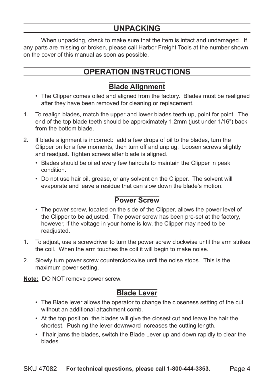 Unpacking, Operation instructions | Harbor Freight Tools 47082 User Manual | Page 4 / 8