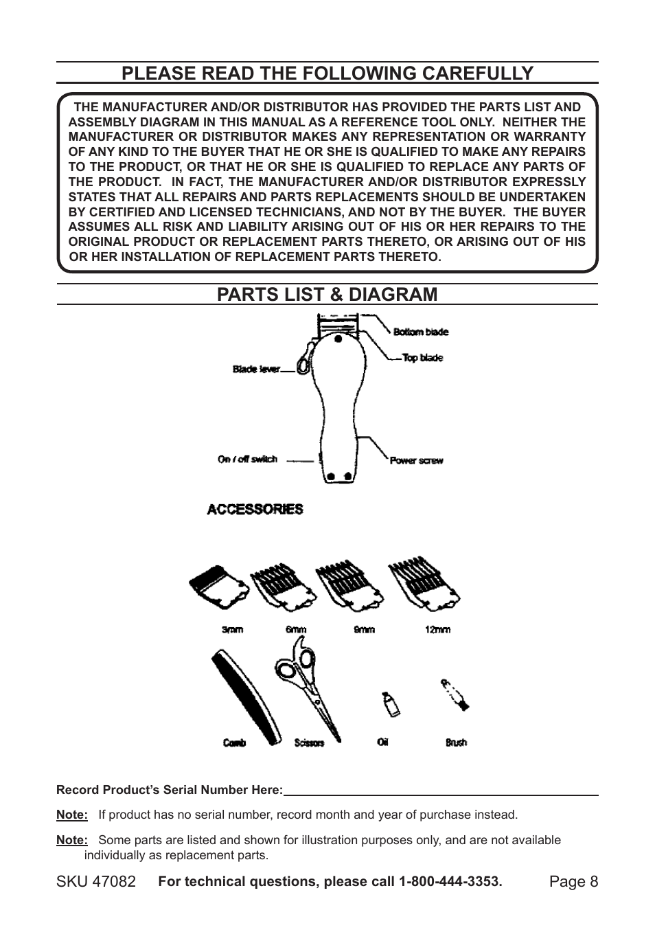 Parts list & diagram, Please read the following carefully | Harbor Freight Tools 47082 User Manual | Page 8 / 8