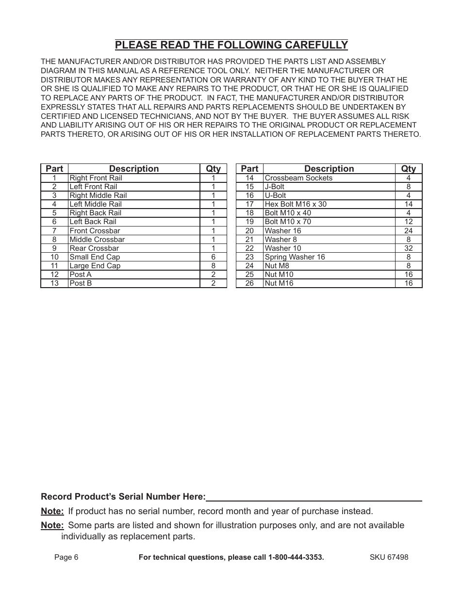 Please read the following carefully | Harbor Freight Tools Universal Pickup Rack 67498 User Manual | Page 6 / 8