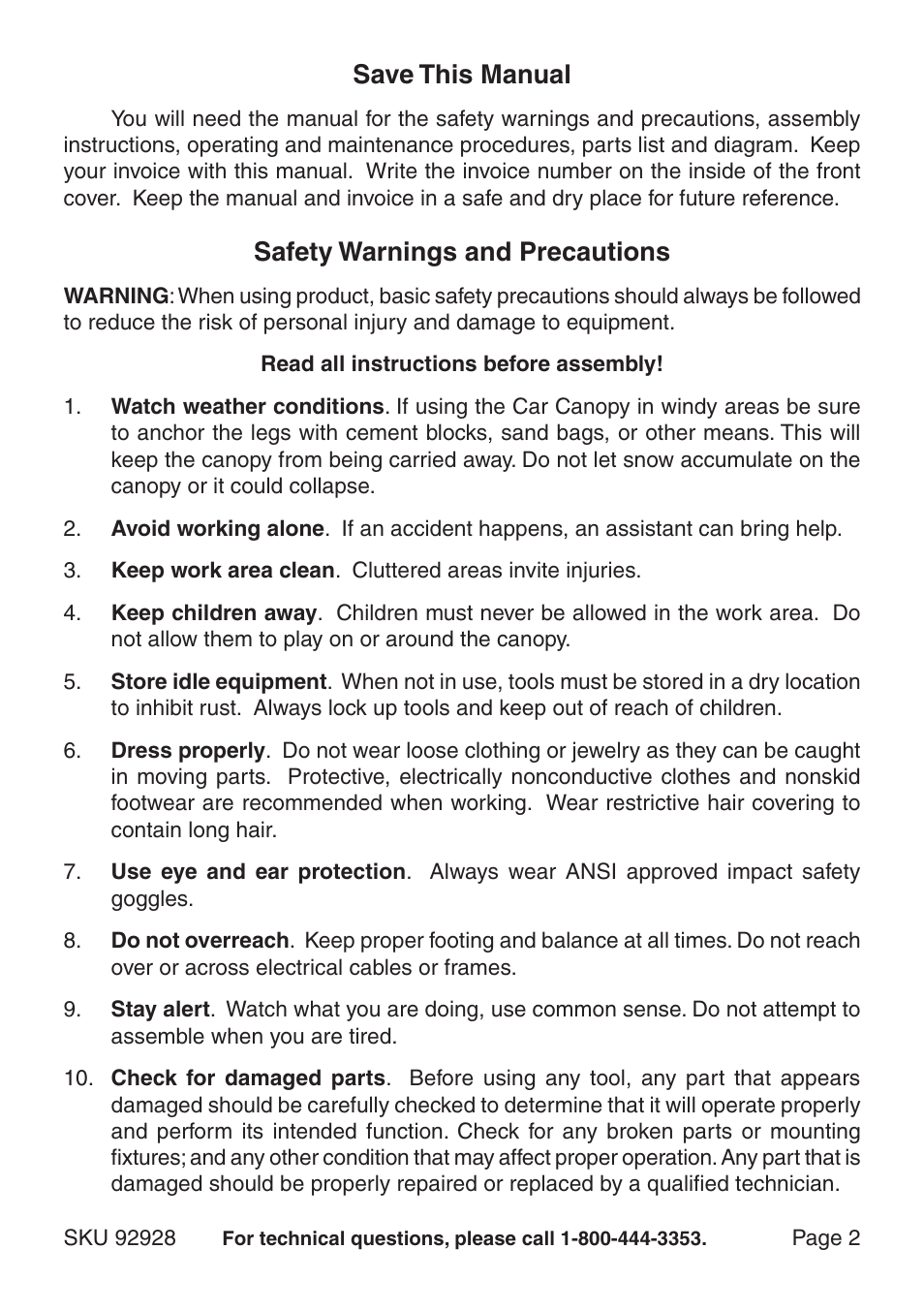 Save this manual, Safety warnings and precautions | Harbor Freight Tools BIG TOP 92928 User Manual | Page 2 / 5