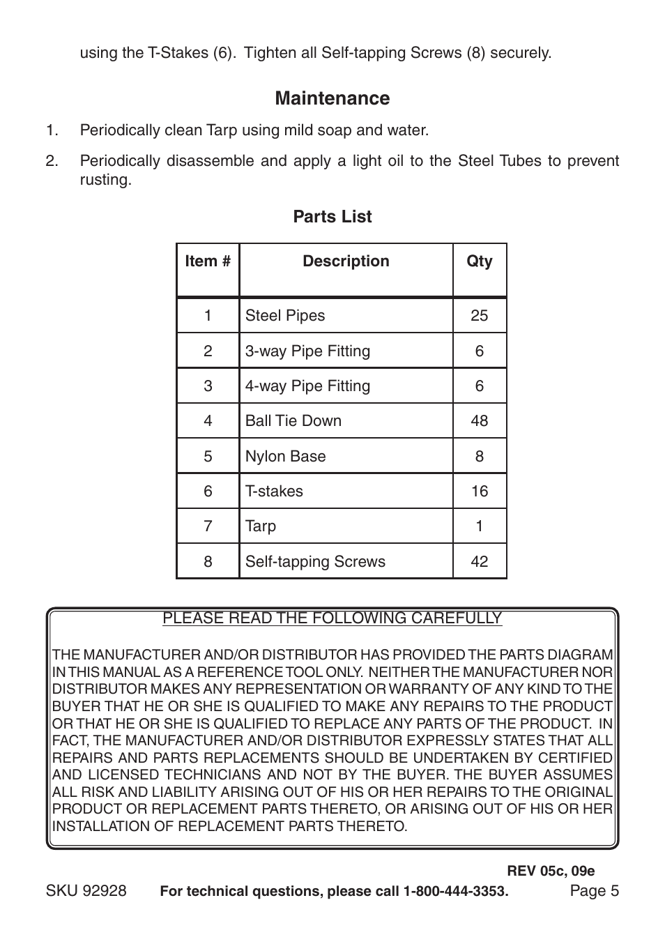 Maintenance | Harbor Freight Tools BIG TOP 92928 User Manual | Page 5 / 5