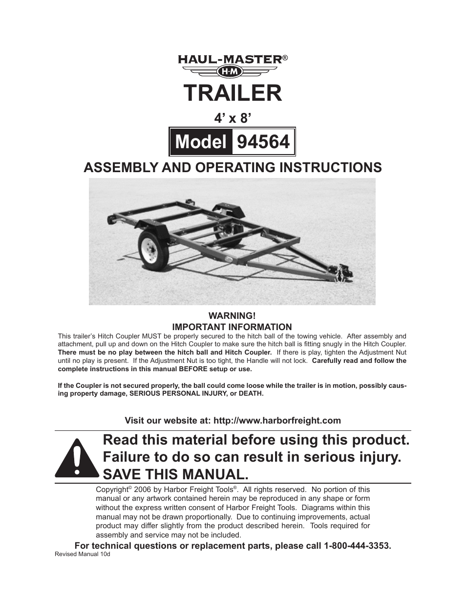 Harbor Freight Tools Trailer 94564 User Manual | 27 pages