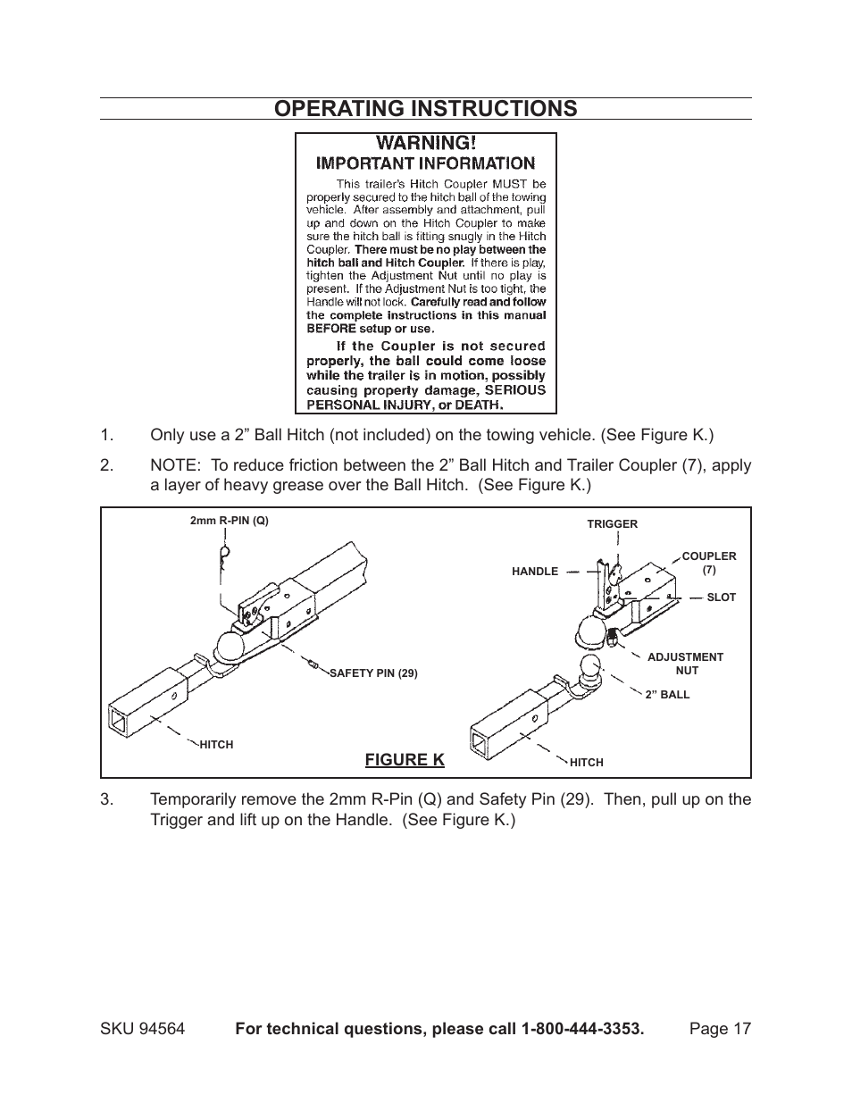 Operating instructions | Harbor Freight Tools Trailer 94564 User Manual | Page 17 / 27