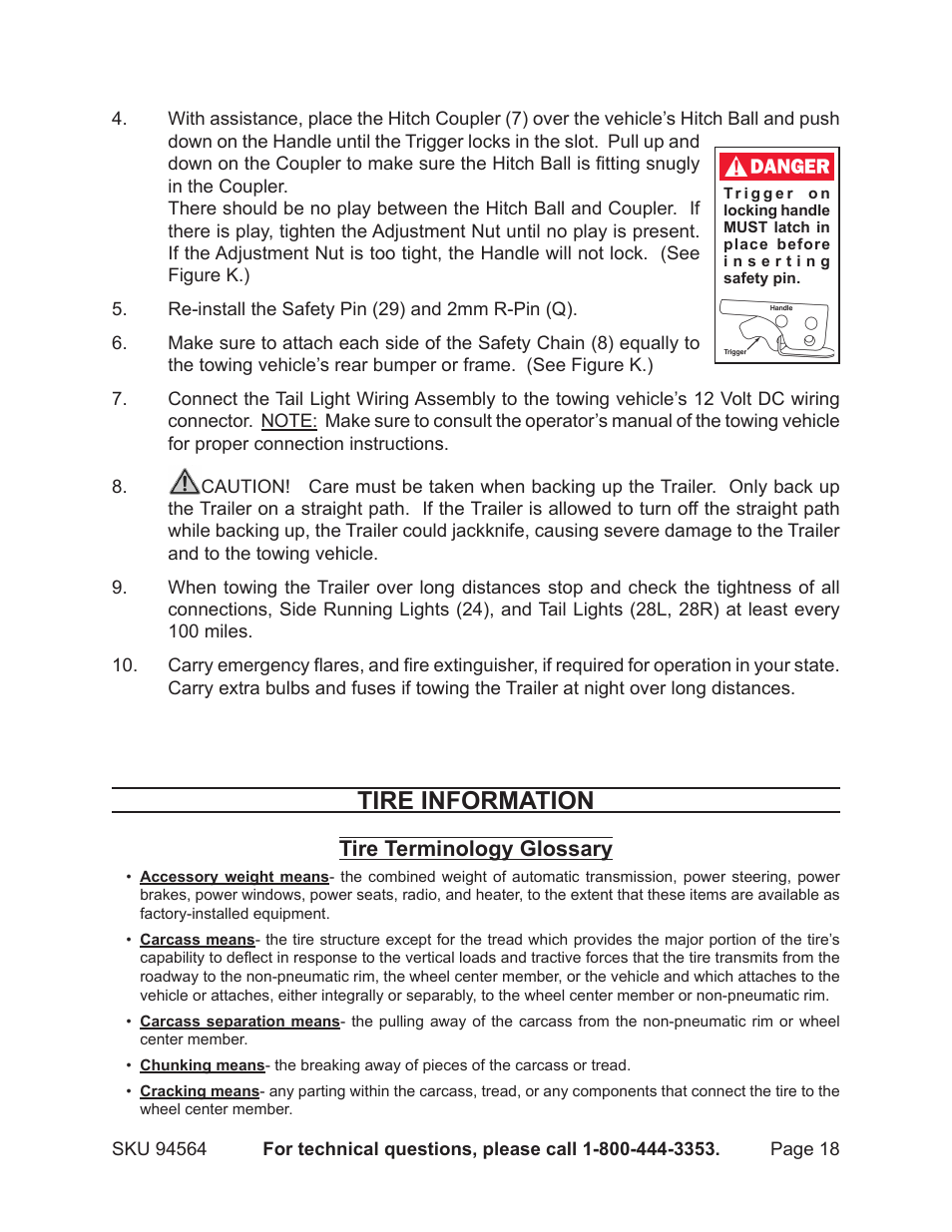 Tire information, Tire terminology glossary | Harbor Freight Tools Trailer 94564 User Manual | Page 18 / 27