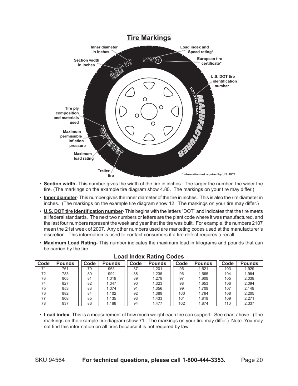 Tire markings, Load index rating codes | Harbor Freight Tools Trailer 94564 User Manual | Page 20 / 27