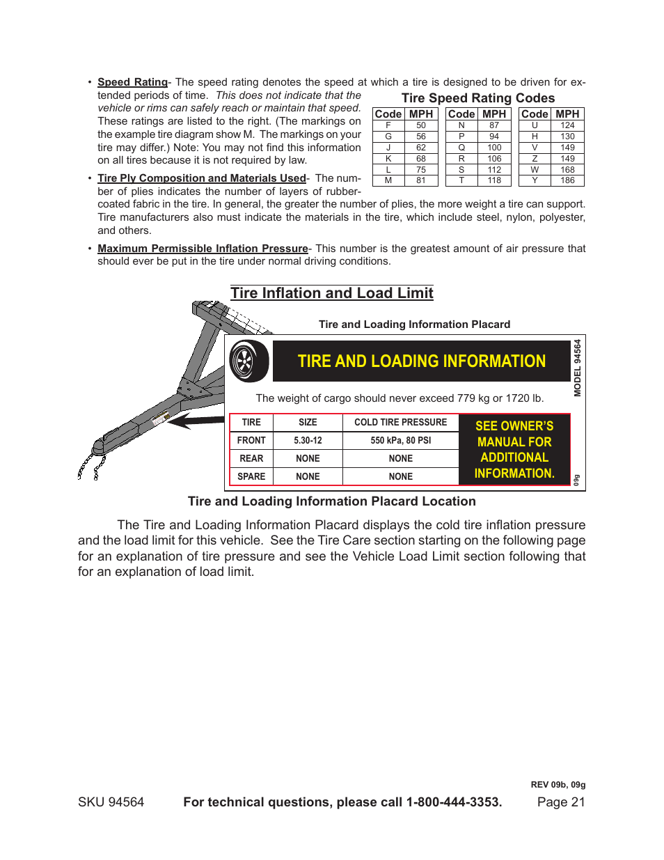 Tire and loading information, Tire inflation and load limit, See owner’s manual for additional information | Tire speed rating codes | Harbor Freight Tools Trailer 94564 User Manual | Page 21 / 27