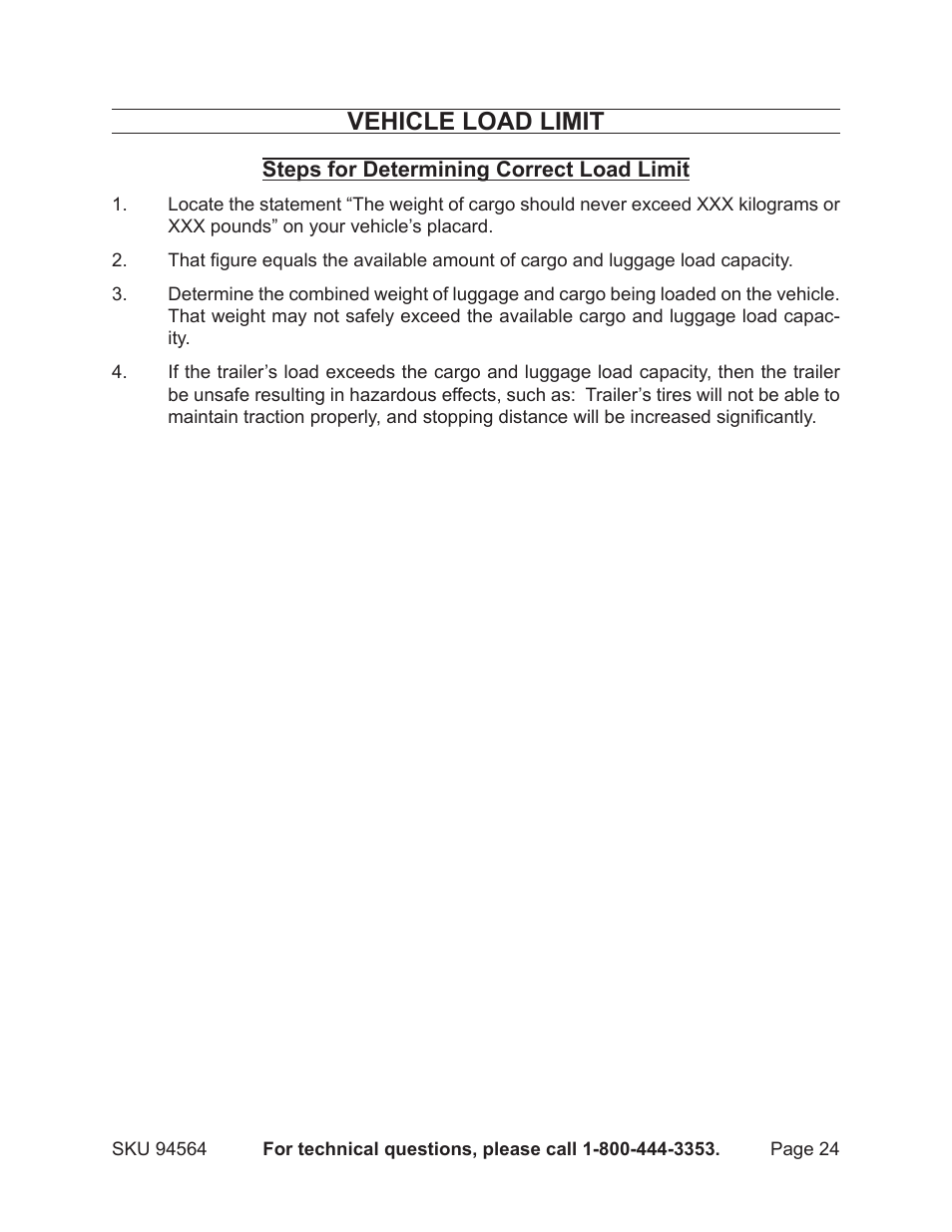 Vehicle load limit | Harbor Freight Tools Trailer 94564 User Manual | Page 24 / 27