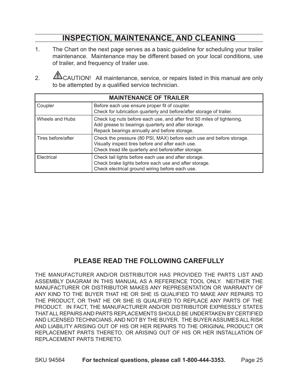 Inspection, maintenance, and cleaning, Please read the following carefully | Harbor Freight Tools Trailer 94564 User Manual | Page 25 / 27