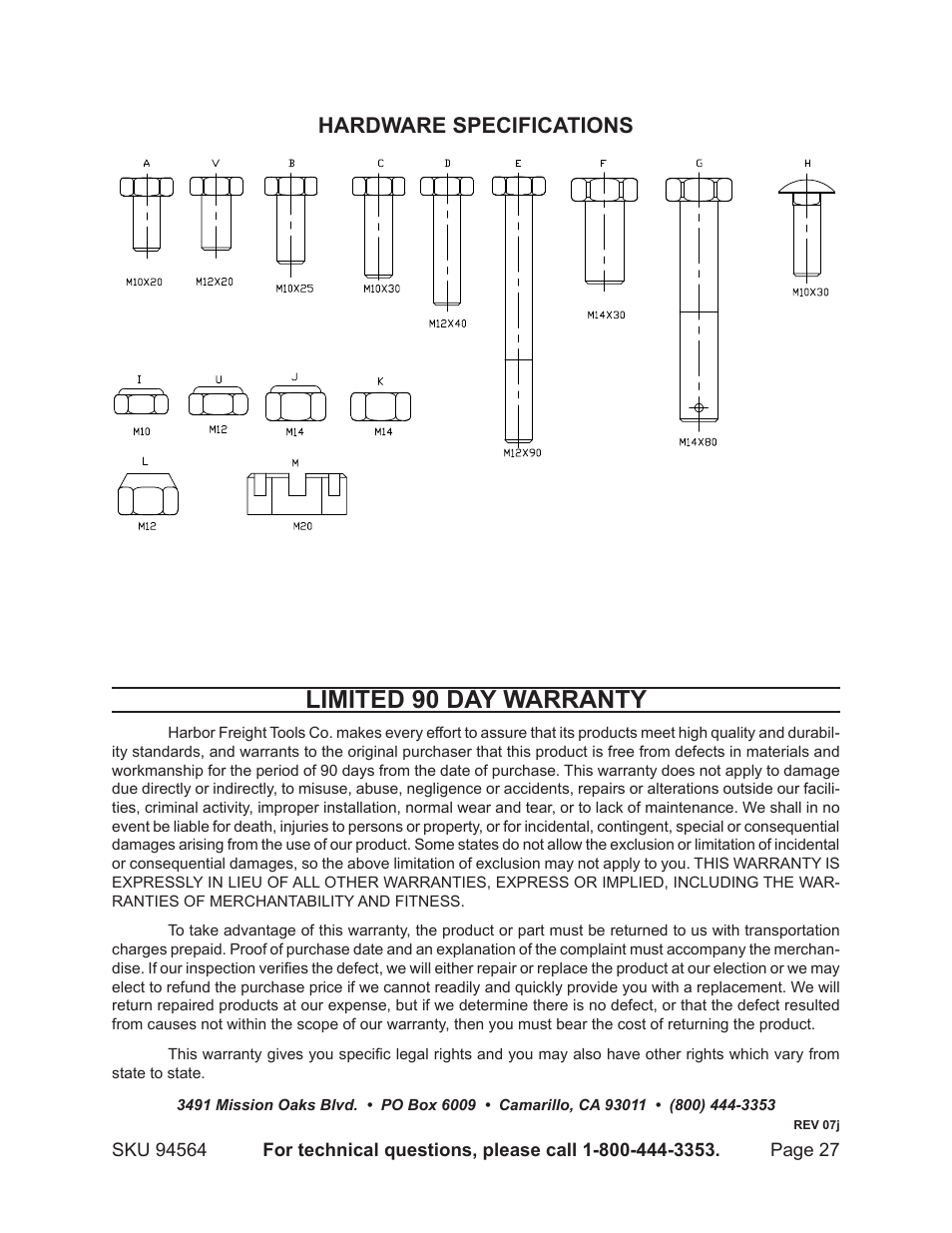 Limited 90 day warranty, Hardware specifications | Harbor Freight Tools Trailer 94564 User Manual | Page 27 / 27