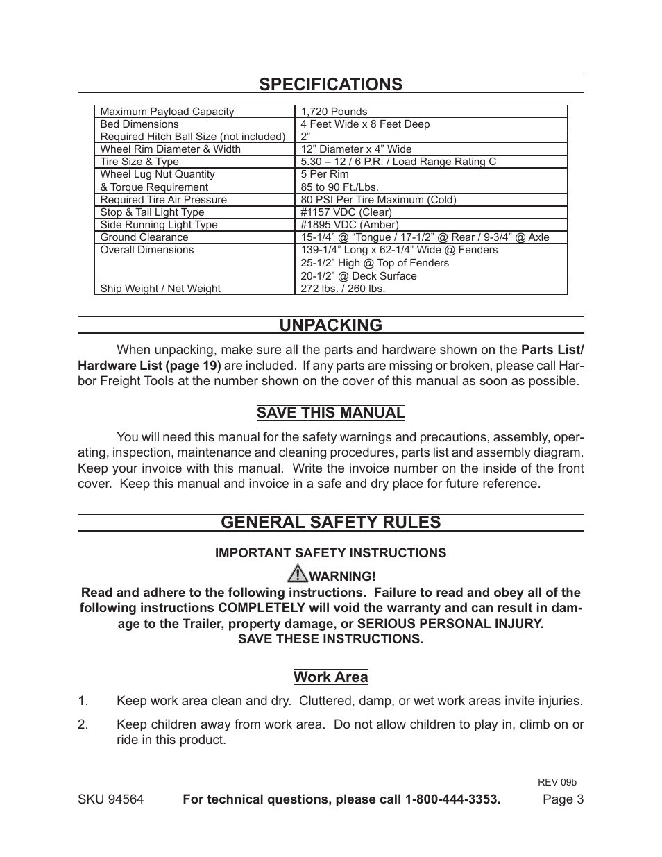 Specifications, Unpacking, General safety rules | Save this manual, Work area | Harbor Freight Tools Trailer 94564 User Manual | Page 3 / 27