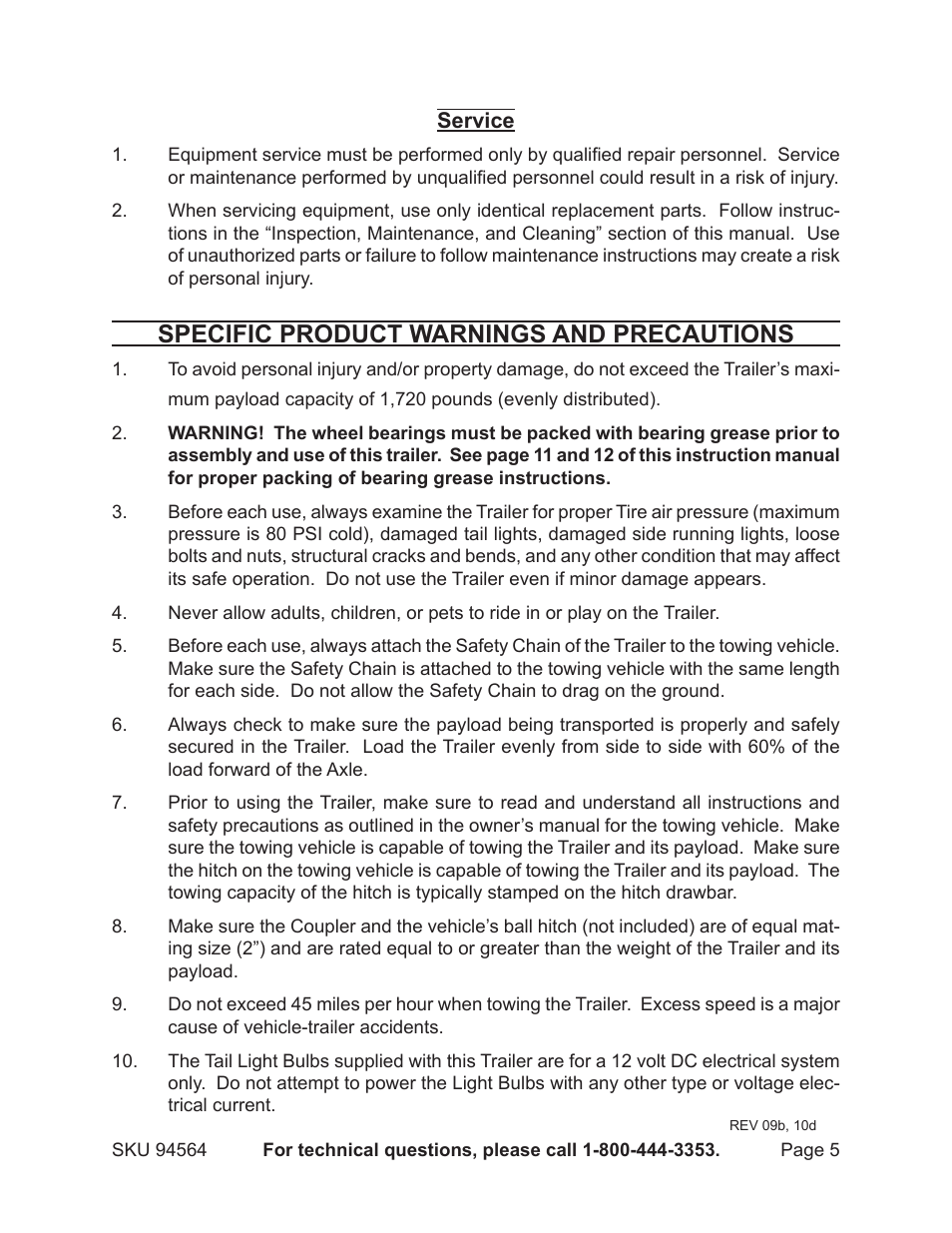 Specific product warnings and precautions | Harbor Freight Tools Trailer 94564 User Manual | Page 5 / 27