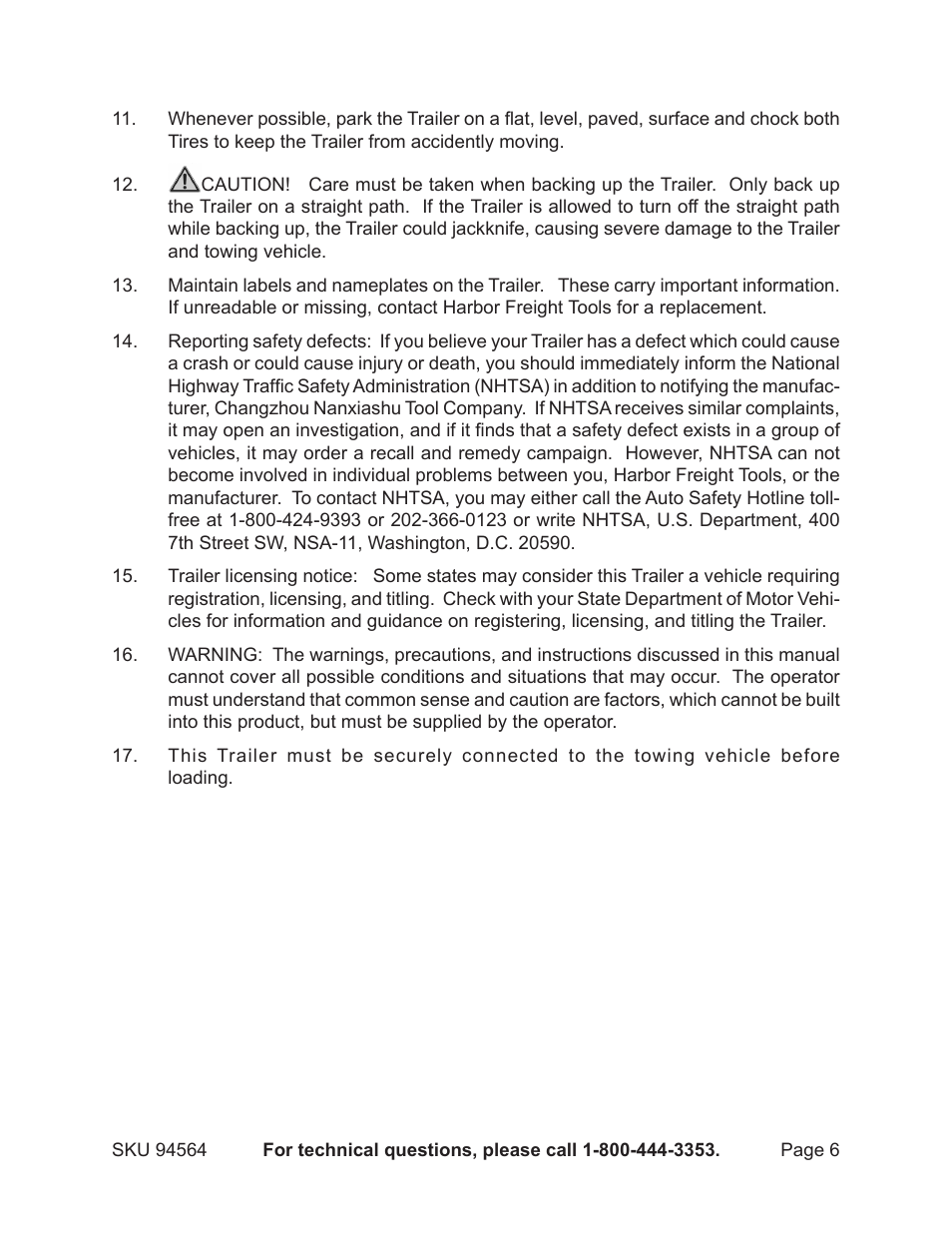 Harbor Freight Tools Trailer 94564 User Manual | Page 6 / 27