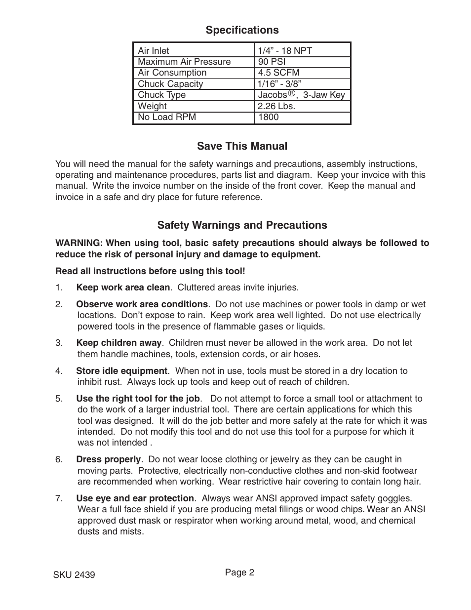 Harbor Freight Tools 2439 User Manual | Page 2 / 7