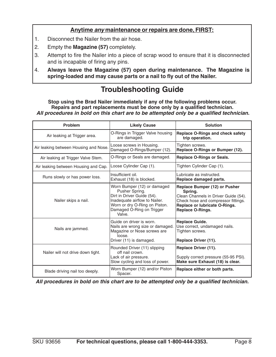 Anytime any maintenance or repairs are done, first | Harbor Freight Tools 93656 User Manual | Page 8 / 10