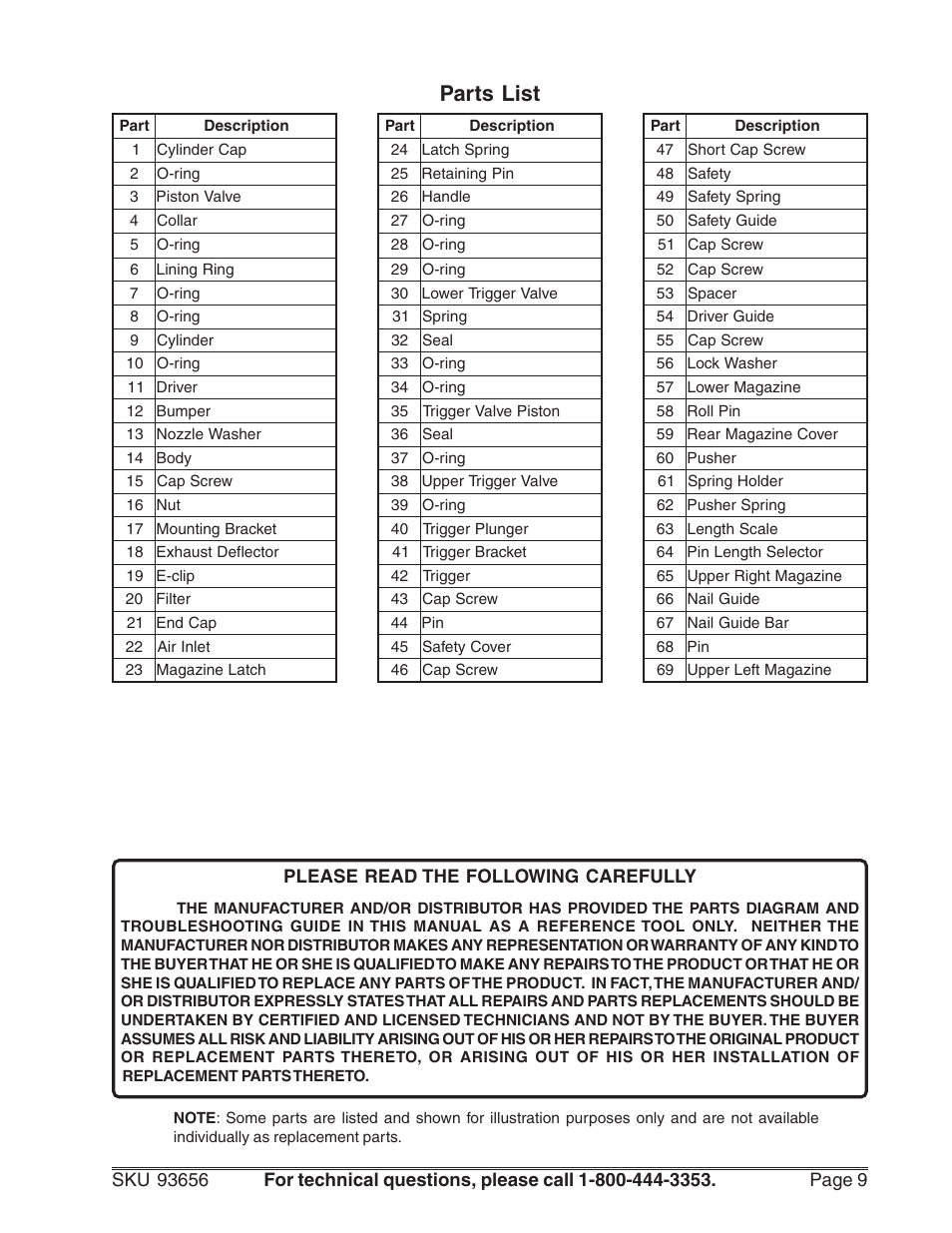 Parts list | Harbor Freight Tools 93656 User Manual | Page 9 / 10