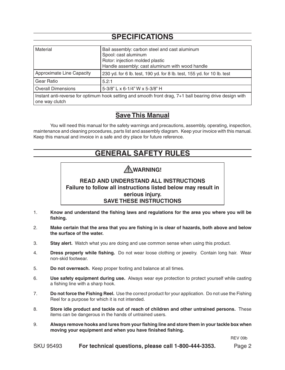 Specifications, General safety rules, Save this manual | Harbor Freight Tools 95493 User Manual | Page 2 / 7