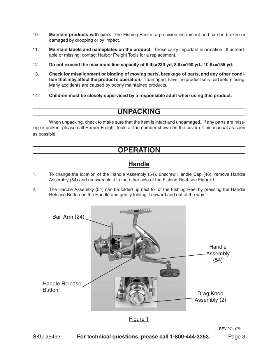 Unpacking, Operation, Handle | Harbor Freight Tools 95493 User Manual | Page 3 / 7