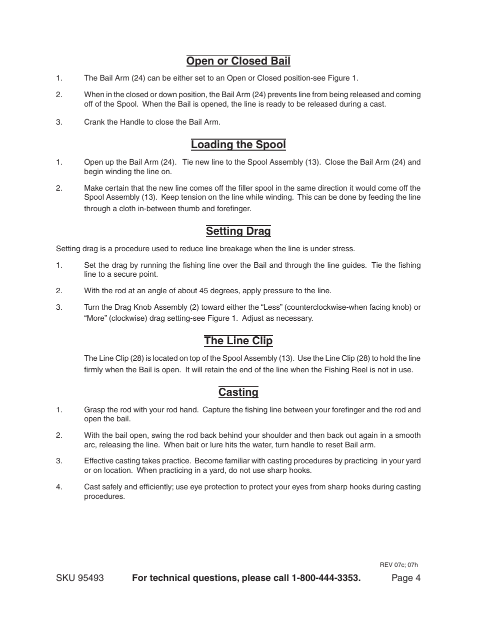 Open or closed bail, Loading the spool, Setting drag | The line clip, Casting | Harbor Freight Tools 95493 User Manual | Page 4 / 7