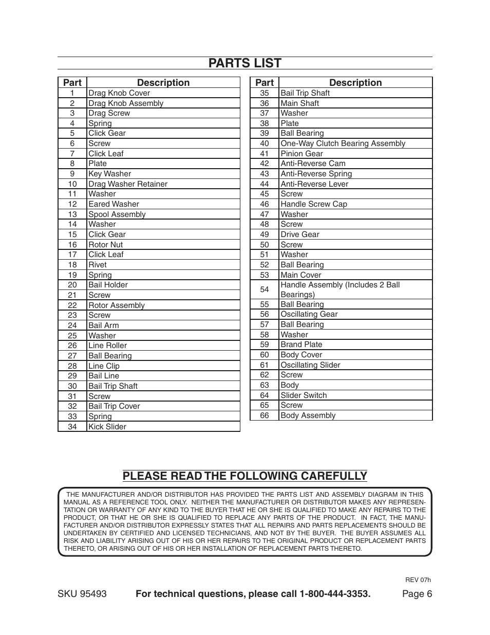 Parts list, Please read the following carefully | Harbor Freight Tools 95493 User Manual | Page 6 / 7