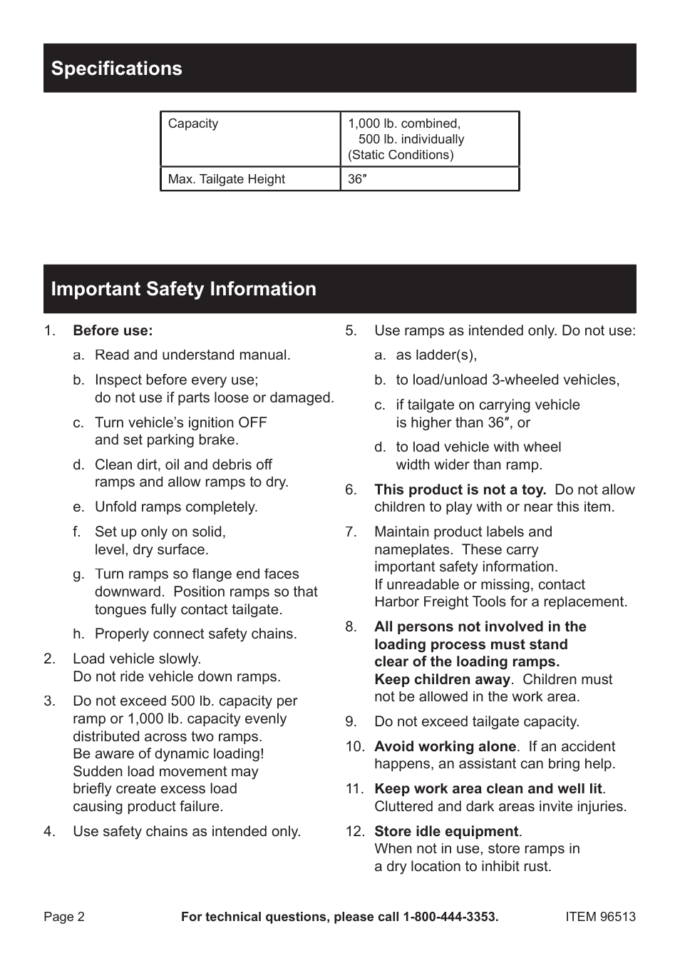 Specifications, Important safety information | Harbor Freight Tools 96514 User Manual | Page 2 / 12