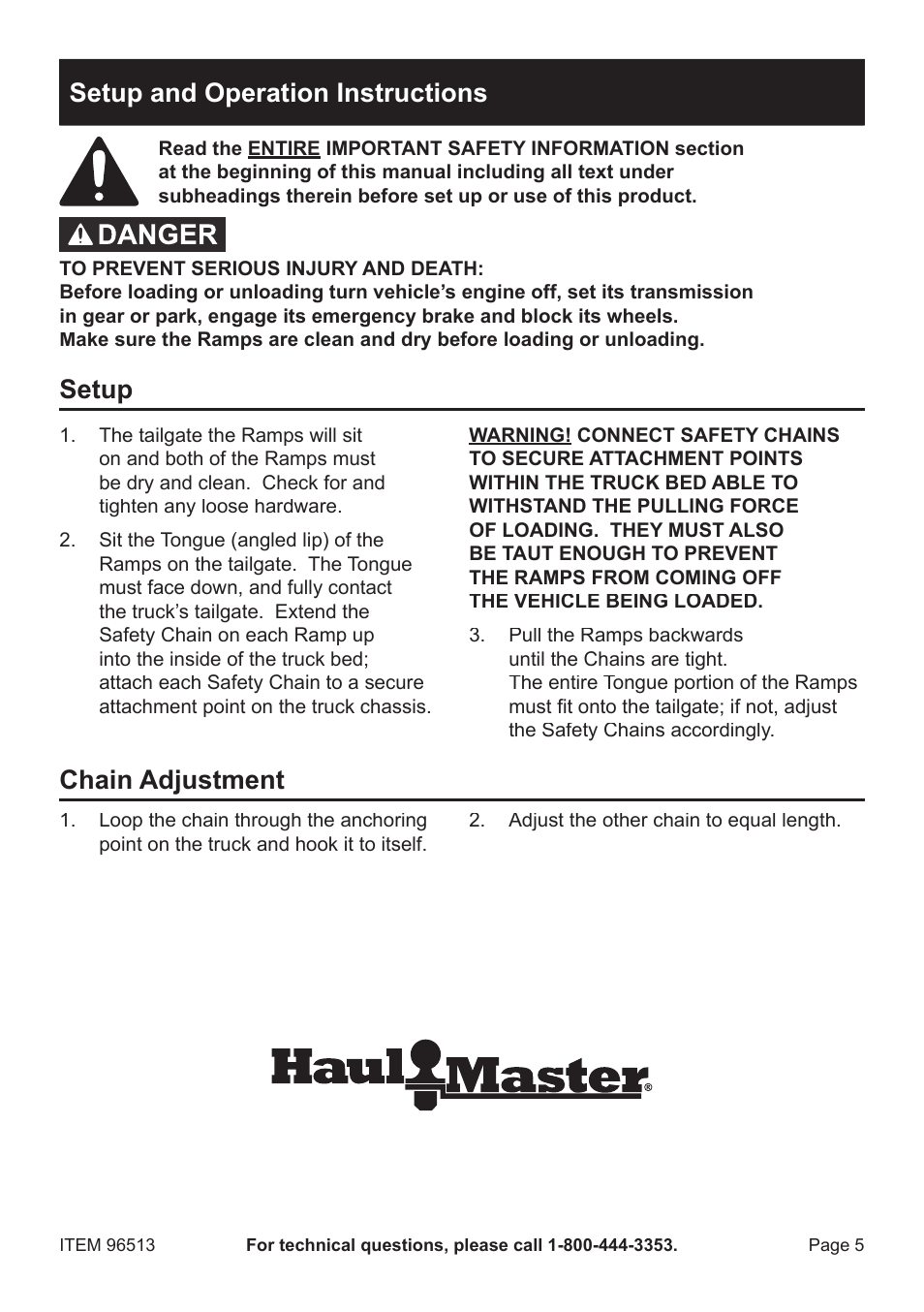 Setup and operation instructions, Setup, Chain adjustment | Harbor Freight Tools 96514 User Manual | Page 5 / 12