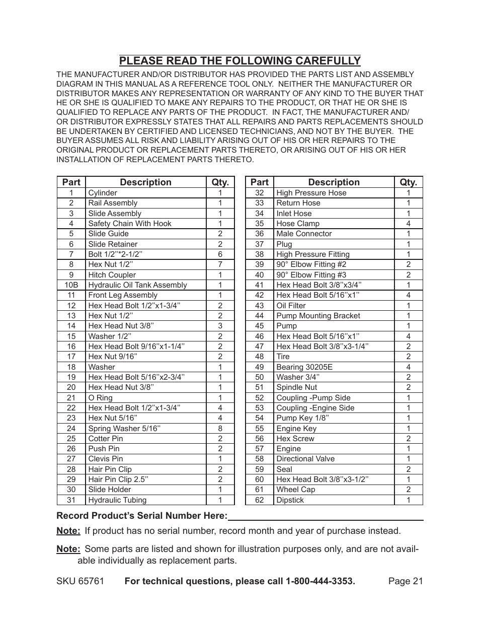 Please read the following carefully | Harbor Freight Tools GREYHOUND 65761 User Manual | Page 21 / 37