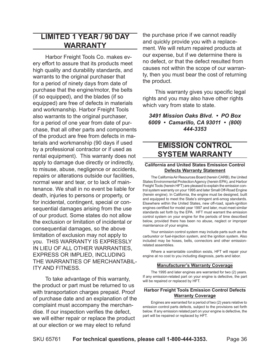 Limited 1 year / 90 day warranty, Emission control system warranty | Harbor Freight Tools GREYHOUND 65761 User Manual | Page 36 / 37