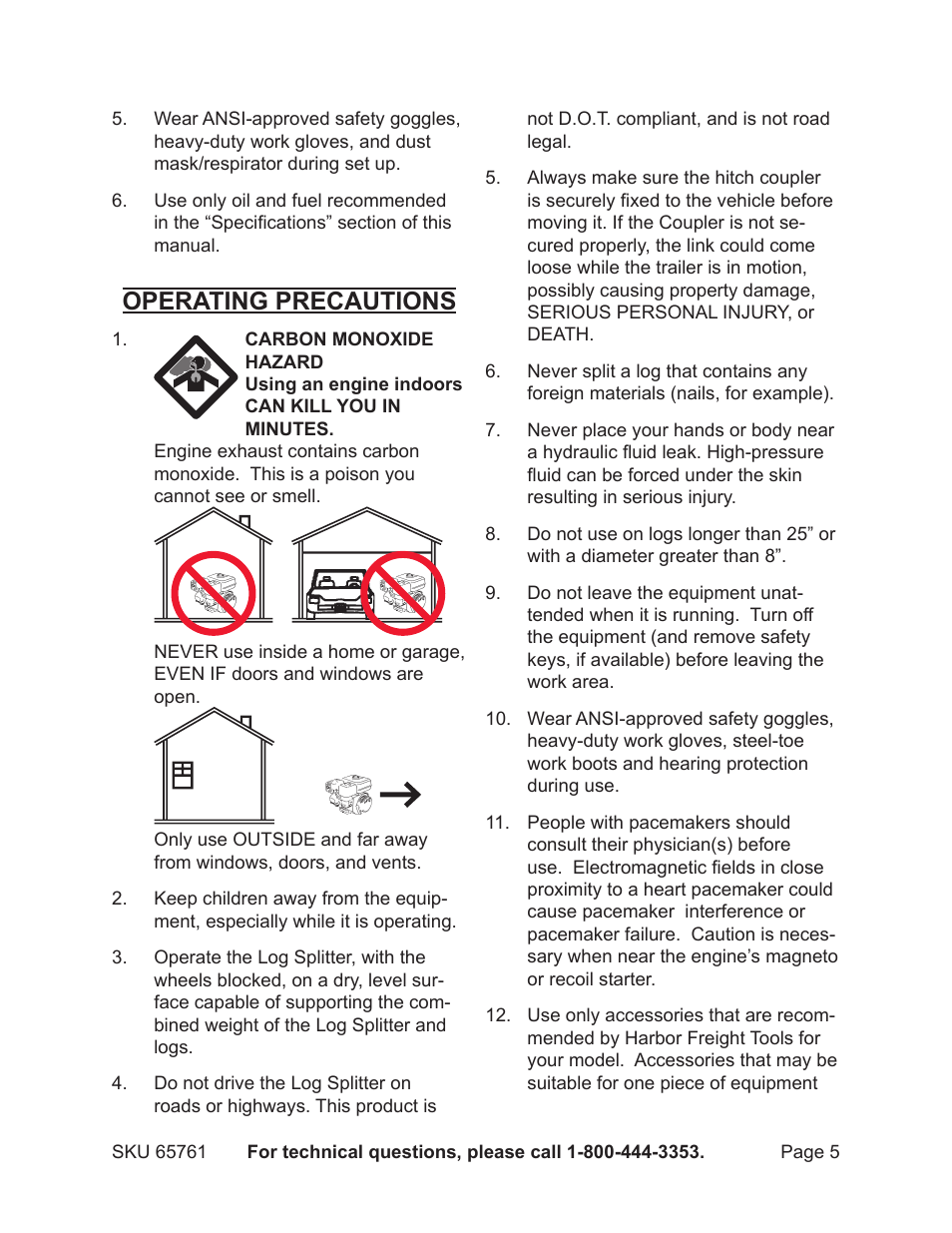 Operating precautions | Harbor Freight Tools GREYHOUND 65761 User Manual | Page 5 / 37