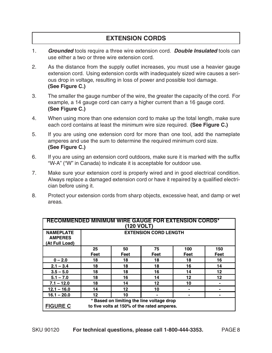 Extension cords | Harbor Freight Tools 90120 User Manual | Page 8 / 14