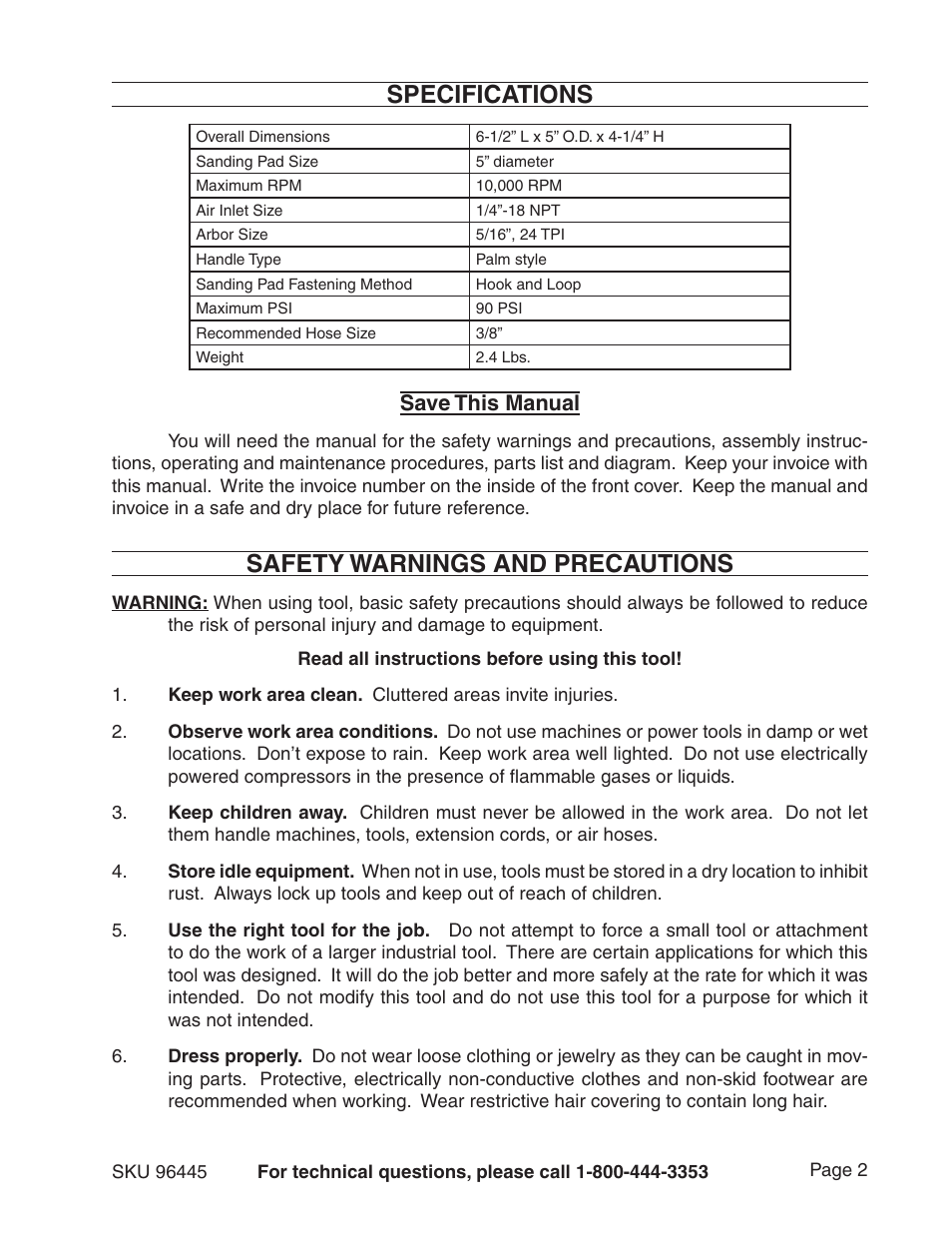 Specifications, Safety warnings and precautions, Save this manual | Harbor Freight Tools 96445 User Manual | Page 2 / 9