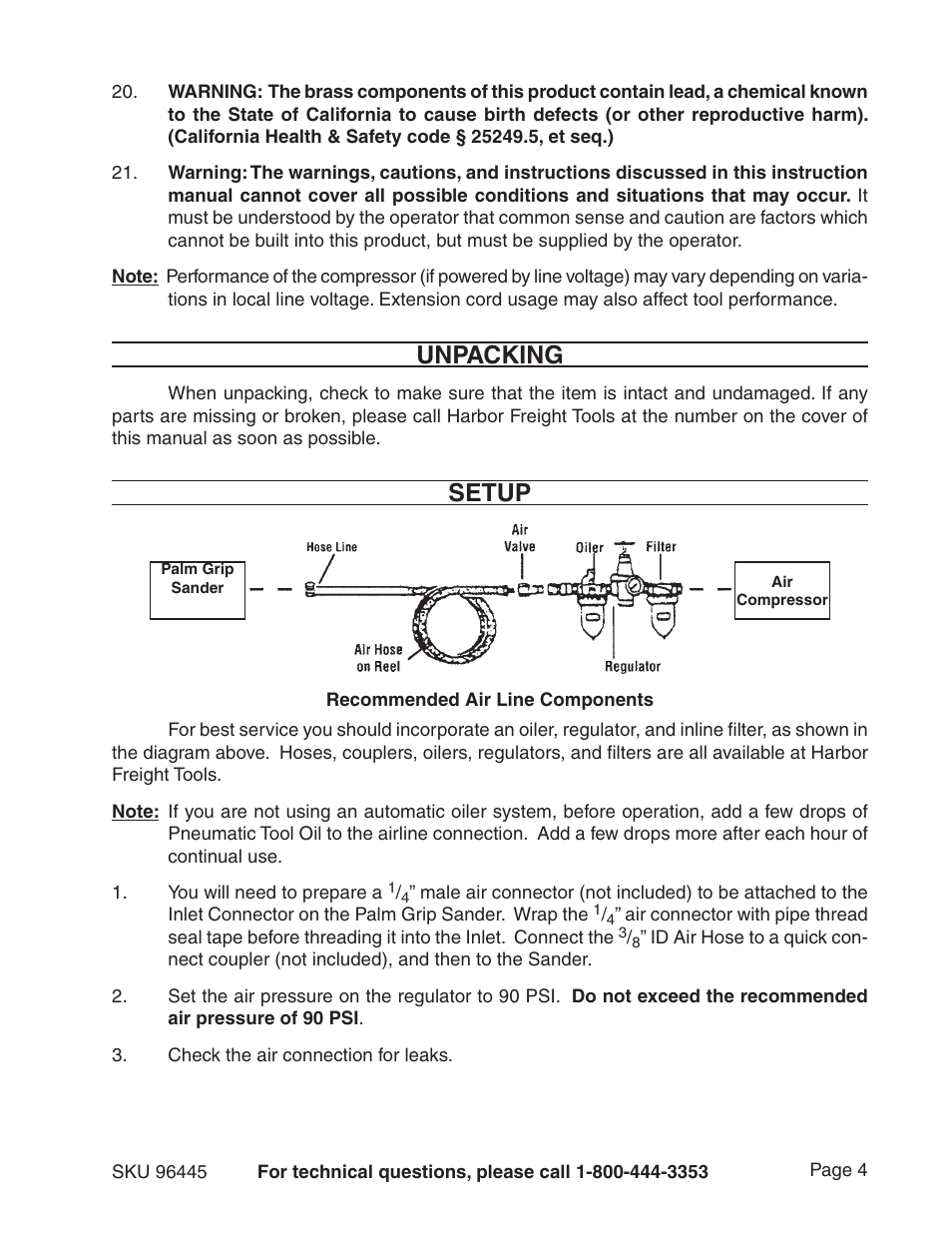 Setup, Unpacking | Harbor Freight Tools 96445 User Manual | Page 4 / 9