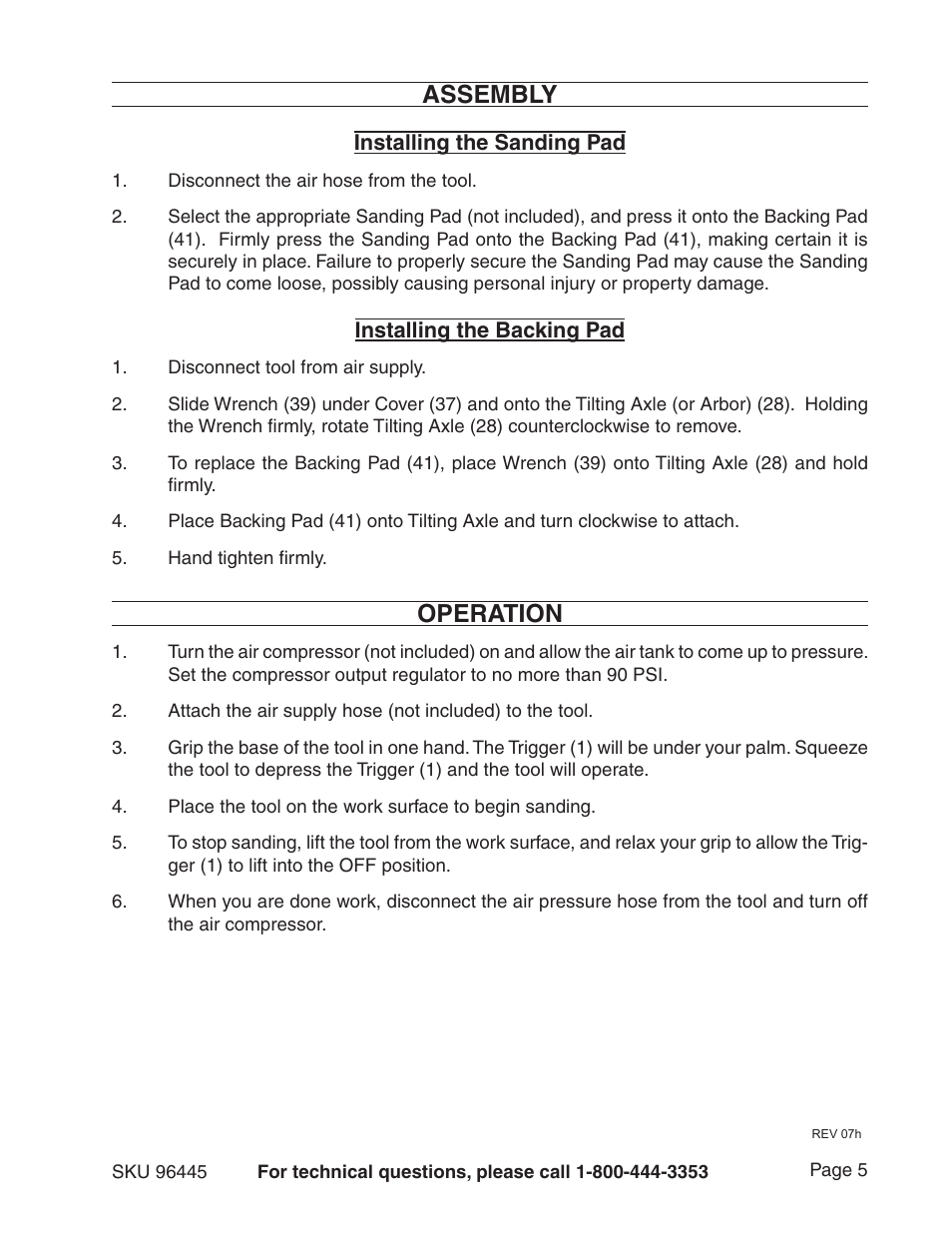 Assembly, Operation | Harbor Freight Tools 96445 User Manual | Page 5 / 9