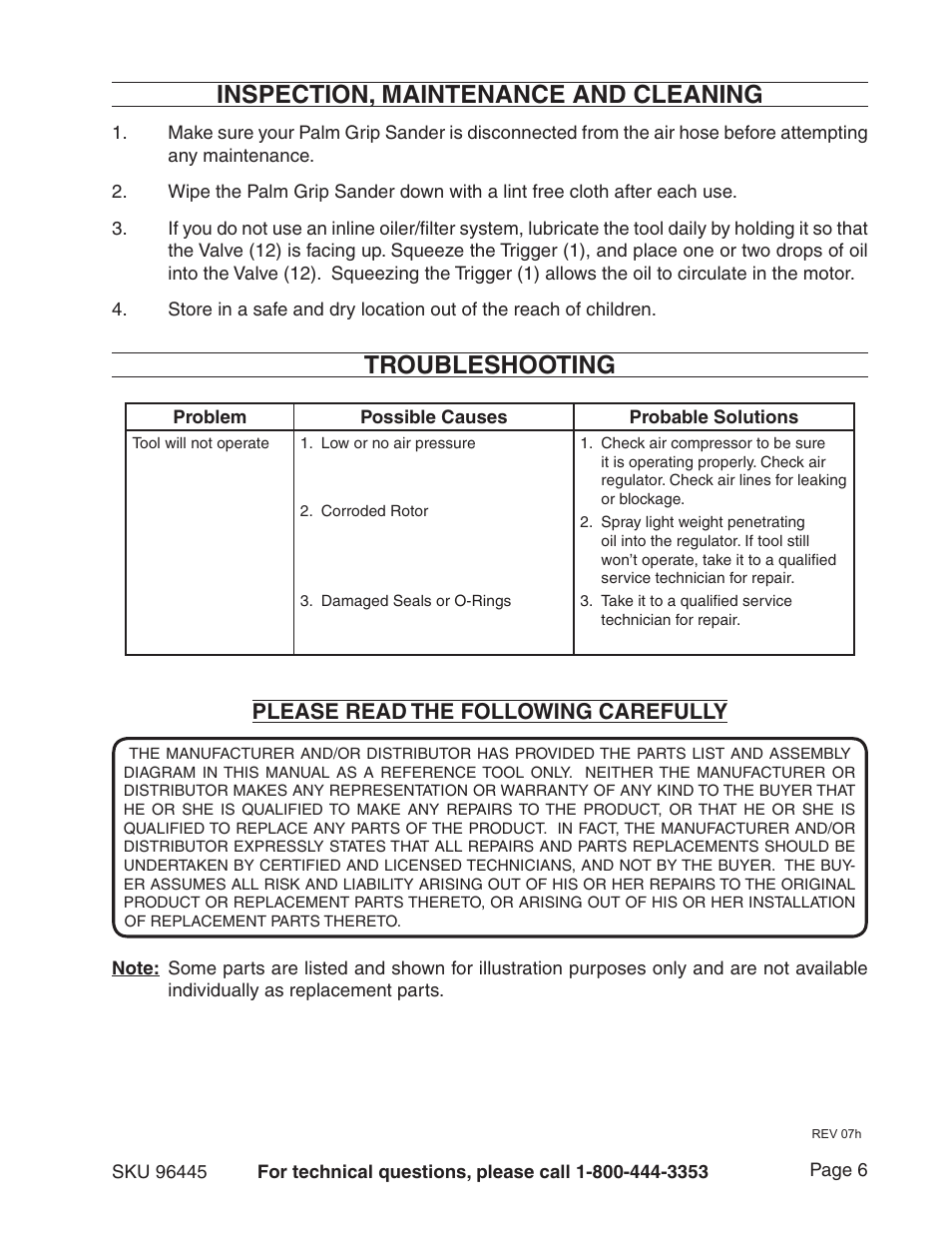 Inspection, maintenance and cleaning, Troubleshooting, Please read the following carefully | Harbor Freight Tools 96445 User Manual | Page 6 / 9