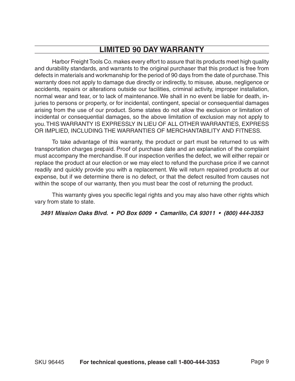 Limited 90 day warranty | Harbor Freight Tools 96445 User Manual | Page 9 / 9