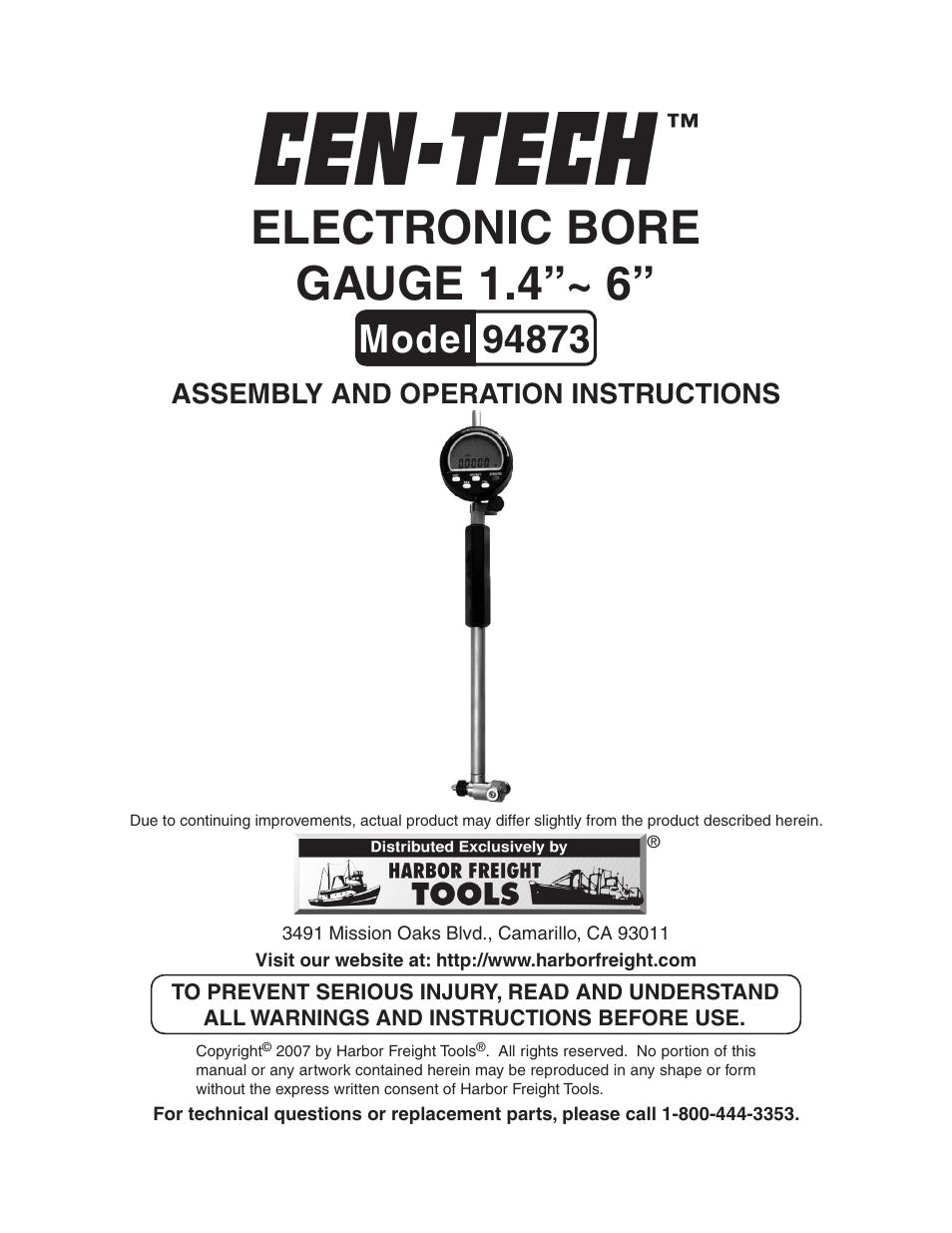 Harbor Freight Tools ELECTRONIC BORE GAUGE 94873 User Manual | 6 pages