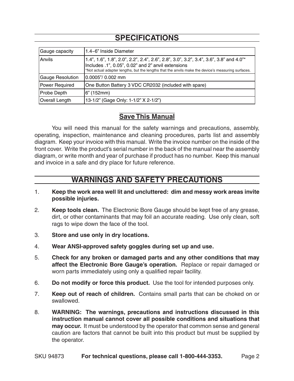 Specifications, Warnings and safety precautions, Save this manual | Harbor Freight Tools ELECTRONIC BORE GAUGE 94873 User Manual | Page 2 / 6