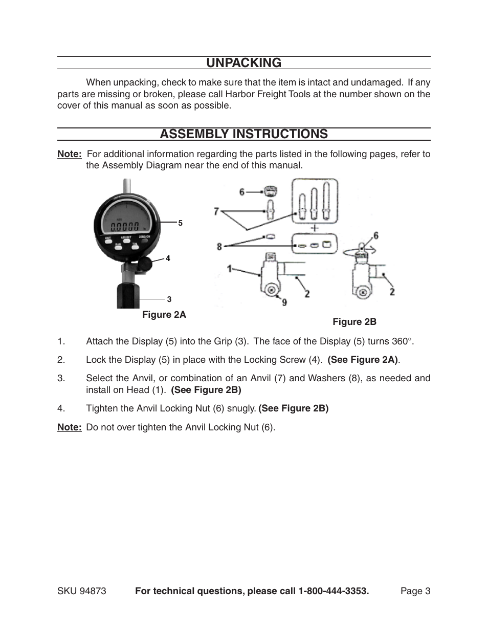 Unpacking, Assembly instructions | Harbor Freight Tools ELECTRONIC BORE GAUGE 94873 User Manual | Page 3 / 6