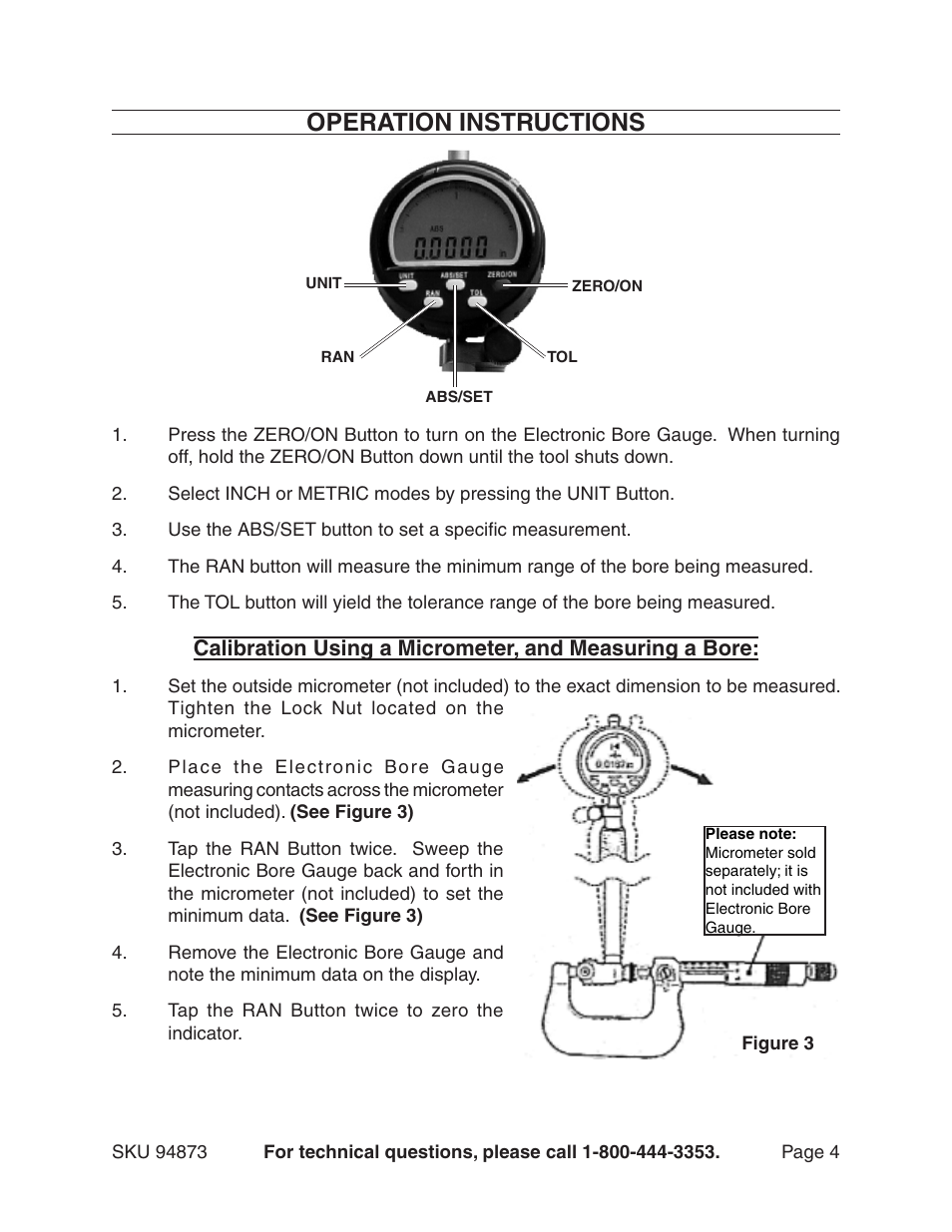 Operation instructions | Harbor Freight Tools ELECTRONIC BORE GAUGE 94873 User Manual | Page 4 / 6