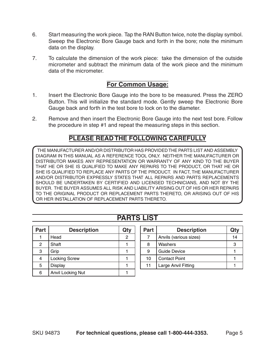 Parts list, For common usage, Please read the following carefully | Harbor Freight Tools ELECTRONIC BORE GAUGE 94873 User Manual | Page 5 / 6