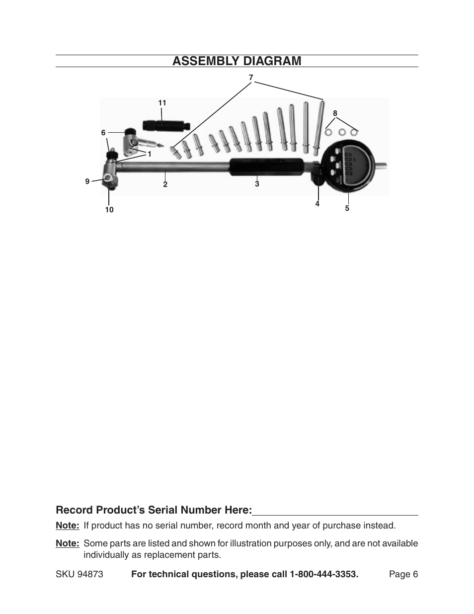 Assembly diagram, Record product’s serial number here | Harbor Freight Tools ELECTRONIC BORE GAUGE 94873 User Manual | Page 6 / 6