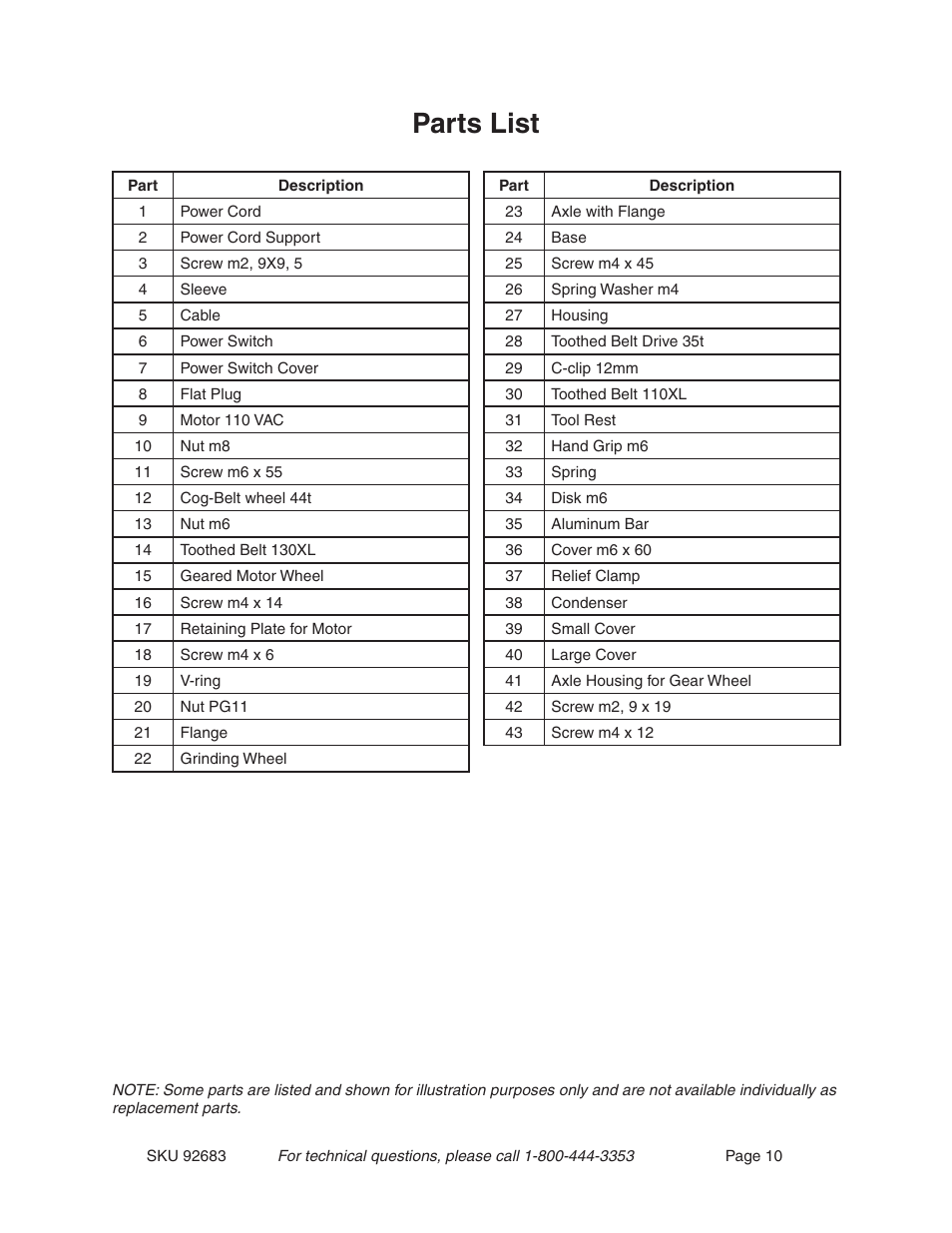 Parts list | Harbor Freight Tools 92683 User Manual | Page 10 / 11